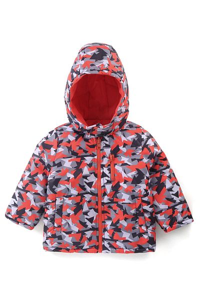 Babyhug Babyhug Woven Full Sleeve Front Open Padded Hooded Jacket with Abstract Print & Pockets -Multicolour