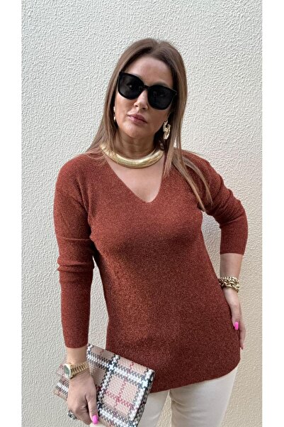 NUR TEKSTİL KADIN KİREMİT  TRİİKO   V YAKA SİMLİ  BLUZ SITANDAR-36-38-40- 42-...