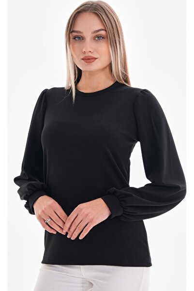 DEVRİMAY TEKSTİL Γυναικεία μπλούζα κρεπ λύκρα μαύρο μανίκι μπαλόνι