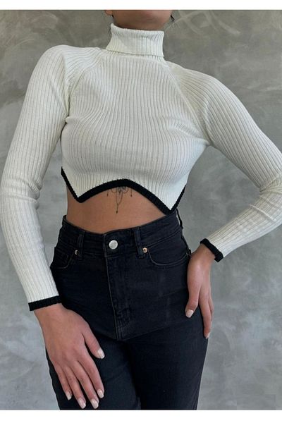 bayansepeti White Knitwear Fabric Turtleneck Crop Sweater 0329