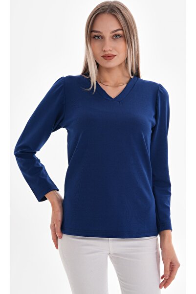 DEVRİMAY TEKSTİL Жіноча темно-синя блуза з V-подібним вирізом та лікрами