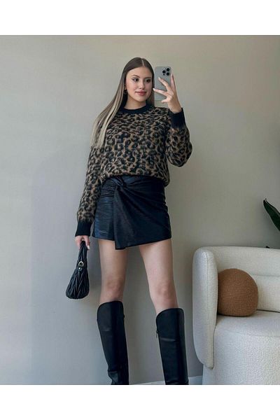 Triko Gözay Group Leopard Patterned Bearded Sweater
