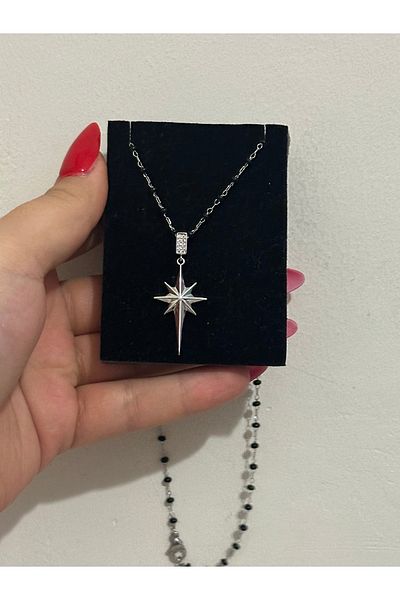 MOD10 Black Beaded Silver Color Steel North Star Necklace