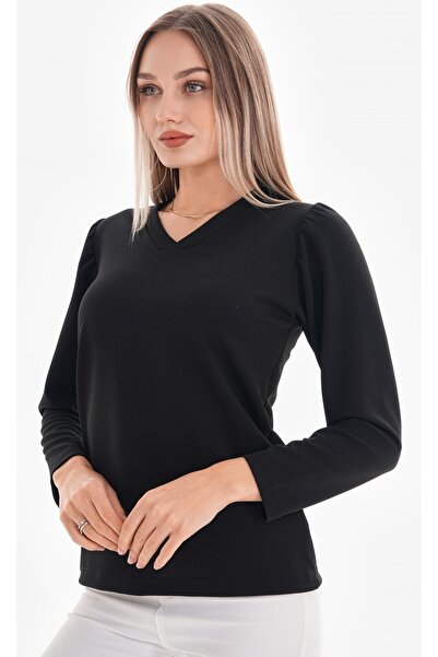 DEVRİMAY TEKSTİL بلوزة نسائية من الكريب الليكرا برقبة على شكل حرف V باللون الأسود