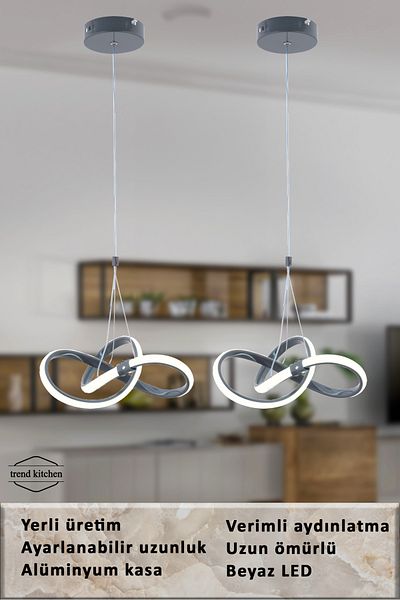 Trend Kitchen Festina Modern Anthracite Led 2 Pieces Pendant Lamp - Chandelier, Living Room, Kitchen, Room and Hall Lighting (White Light)