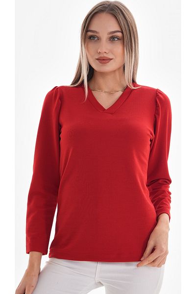DEVRİMAY TEKSTİL Women's Red Placket V-Neck Lycra Crepe Blouse