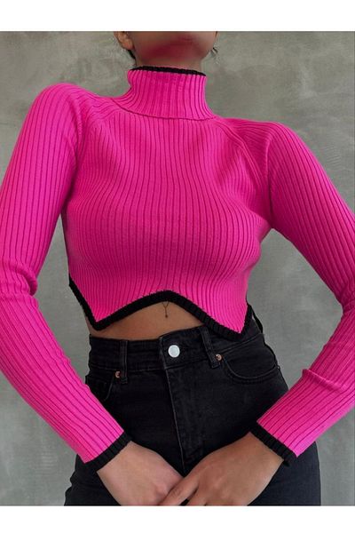 bayansepeti Tricoturi fucsia Pulover Crop cu gât țesut 0329