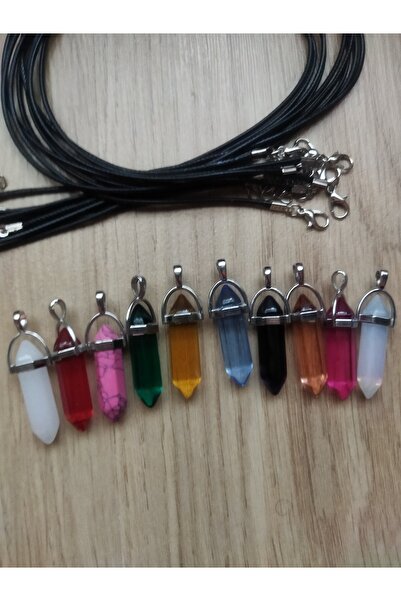 Şans Doğal Taş Çivi Kolye Ve Deri Görünümlü Siyah Zincir