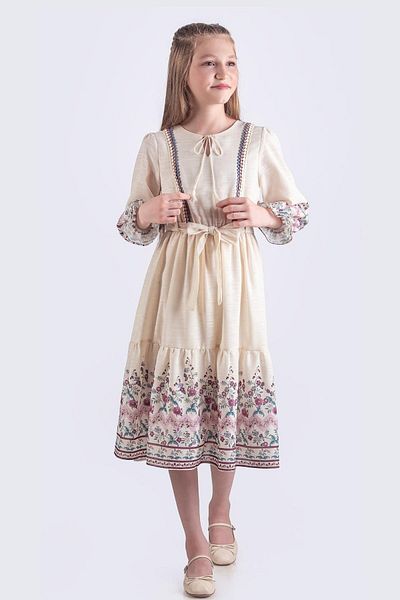 Minik Dolap Vintage κοριτσίστικο φόρεμα με λουλουδάτο στάμπα μακρυμάνικο - ροζ