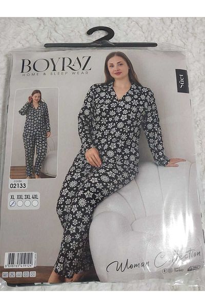 aryam butik Large Size Women's Suede Battal Button Long Sleeve Cotton Pjamas Suit