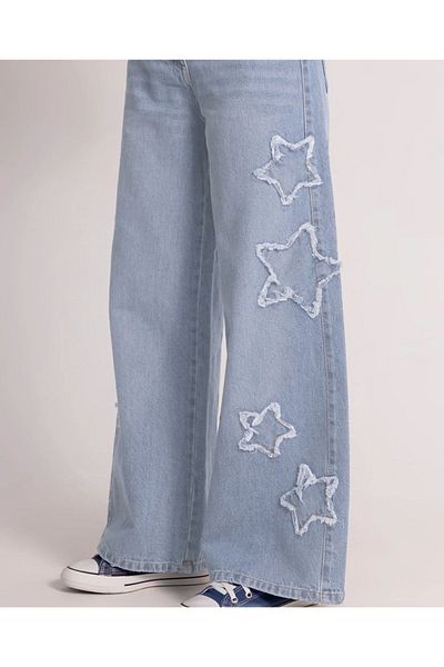 Dmb Girls' Adjustable Elastic Waist Belt Multi Pocket Wide Leg Star Jeans