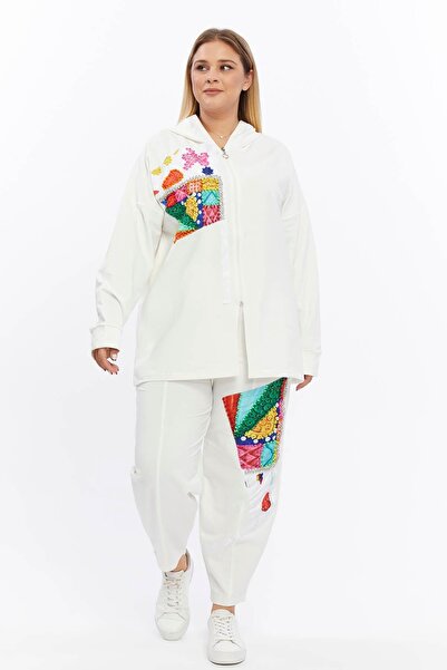 Zer Otantik Large Size White Tracksuit Set - Handcrafted Embroidered