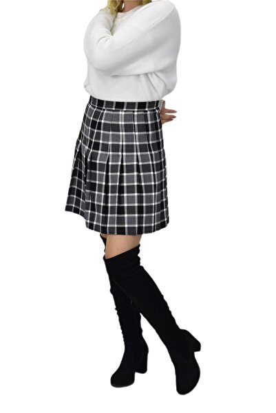 BAGLAN Women's Plaid College Skirt Black Gray Bgl-St04156