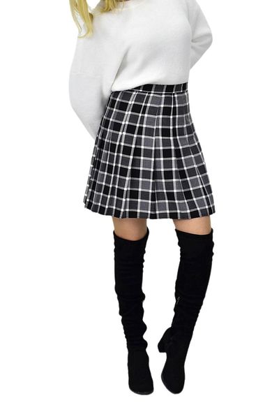 BAGLAN Women's Plaid College Skirt Black Gray Bgl-St04156