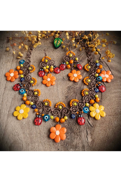 MODA حلق قلادة على شكل زهرة فيمو مصنوع يدويًا من الأسلاك النحاسية