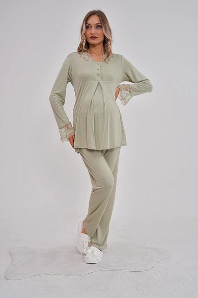 Pelin Costum de pijama de maternitate pentru maternitate, din bumbac, cu mâneci lungi, cu dantelă verde, design special