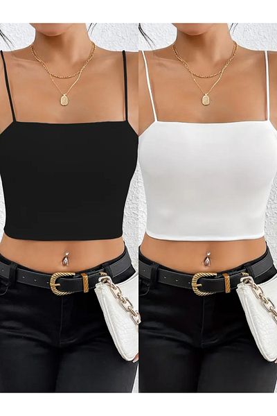Olyssia Pachet de 2 crop top cu bretele negru - alb pentru femei / bustieră simplă din jerseu