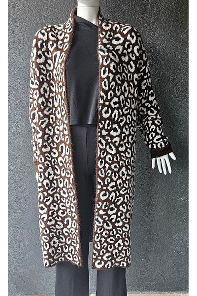 Lasirius Leopard Pattern Raster Wool Long Knitwear Cardigan