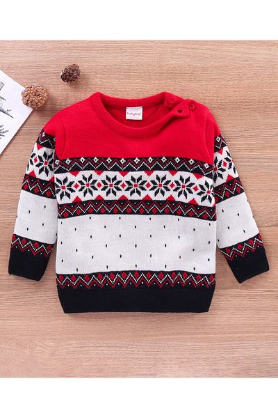 Babyhug Babyhug Full Sleeves Sweater Intarsia Design- Red Cream