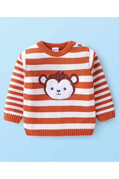 Babyhug Akrilik Örgü Uzun Kollu Kazak Takımı Şapka Maymun Tasarımı - Beyaz ve Turuncu