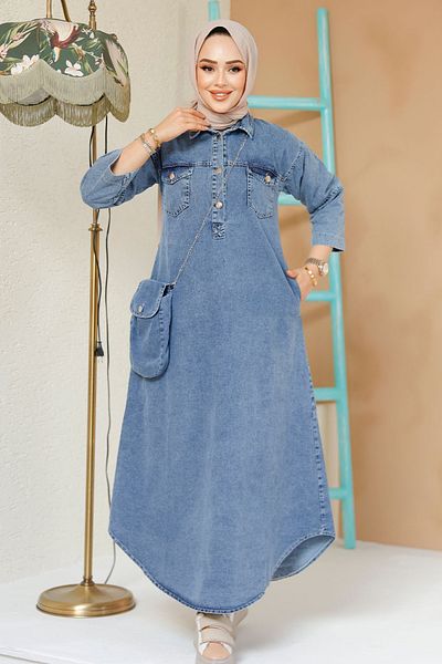 Neva Style Rochie Hijab Albastru Inchis - Cu Geanta, Blugi, 19132KM