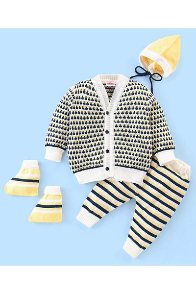 Babyhug 100% Acrylic Full Sleeves Sweater Set With Cap & Booties - Offwhite & Yellow