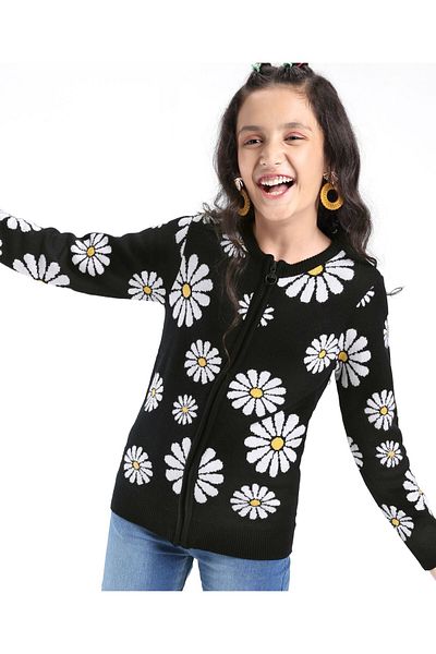 Pine kids Uzun Kollu Önü Açık çiçek Desenli Kazak - Siyah