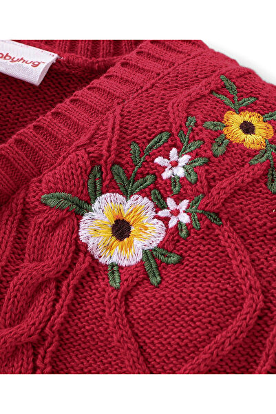 Babyhug Babyhug Organic Cotton Knit Full Sleeves Front Open Sweater with Floral Design - Red