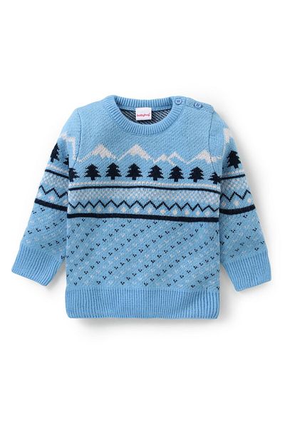 Babyhug Knit Full Sleeves Sweater and Pant Set Pine Tree Print - Blue