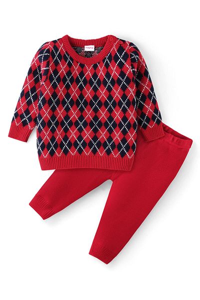 Babyhug Örme Uzun Kollu Kazak ve Pantolon Takımı Argyle Tasarım - Kırmızı