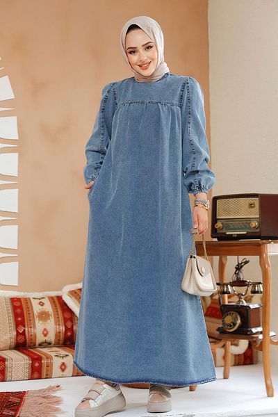 Neva Style Rochie din denim hidžáb albastru închis - 19129KM