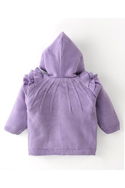 Babyhug Babyhug Knitted Full Sleeves Front Open Hooded Sweater with Frill Detailing - Lavender