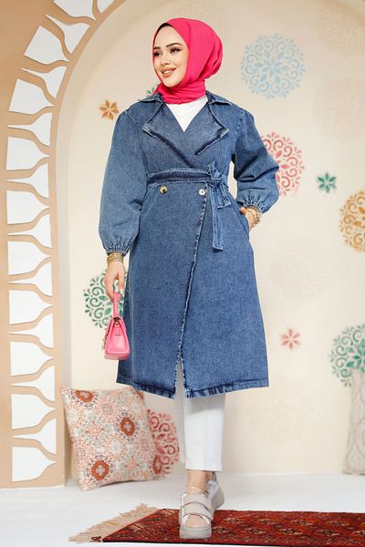 Neva Style Σκούρο Μπλε Τζιν Hijab Trench Coat - 19128KM