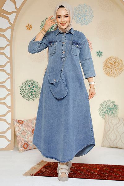 Neva Style Rochie Hijab Albastru Inchis - Cu Geanta, Blugi, 19132KM