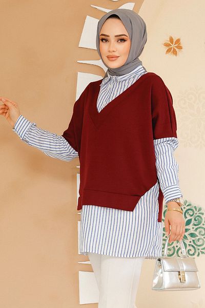 Neva Style Sweater Detailed Burgundy Hijab Shirt 60102Br