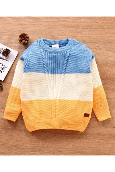 Babyhug Babyhug Full Sleeves Color Block Sweater Cable Knit Design - Blue White