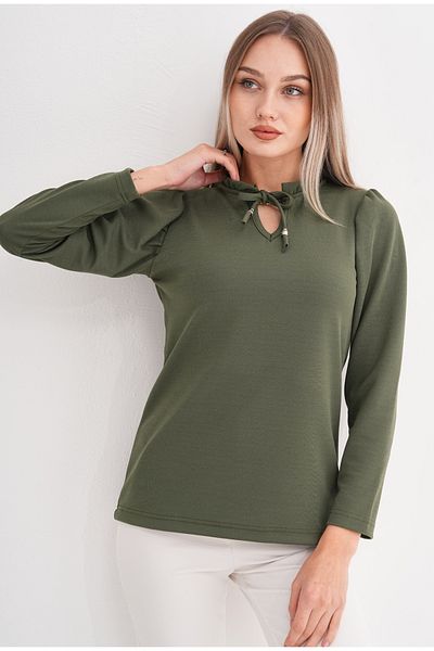 DEVRİMAY TEKSTİL Women's Khaki Neck Ruffled Lycra Crepe Blouse
