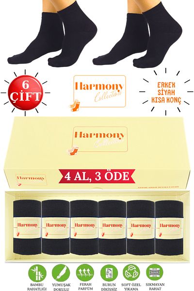 HARMONY COLLECTION Men's BlacK Bamboo Short Socks - 6-piece Special Boxed, Seamless Toe, Premium Socks