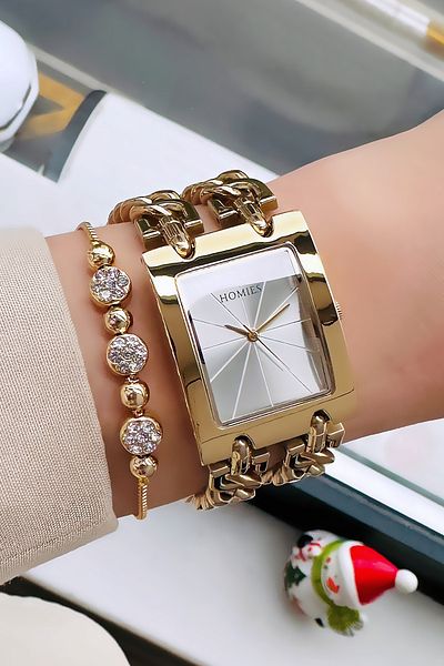 Homies Women's Watch with Special Boxed Chain 3 Atm Waterproof Gold Color Steel Band + Bracelet Hmby2041C1