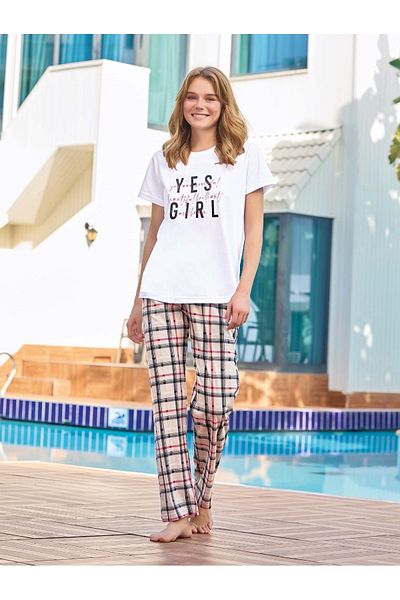 Aydoğan Lodos Store Set de pijamale cu mânecă scurtă, cu imprimeu în carouri, din bumbac Lyocell