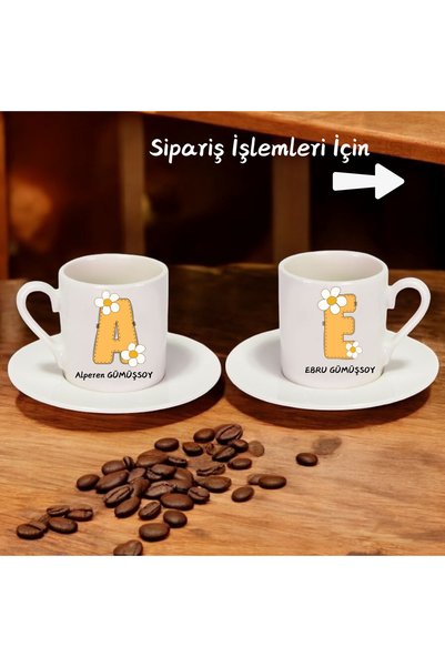 D&Y GAUDERY Kişiye Özel İkili Porselen Papatyalı Kahve Fincanı Seti- Harf Ve ...