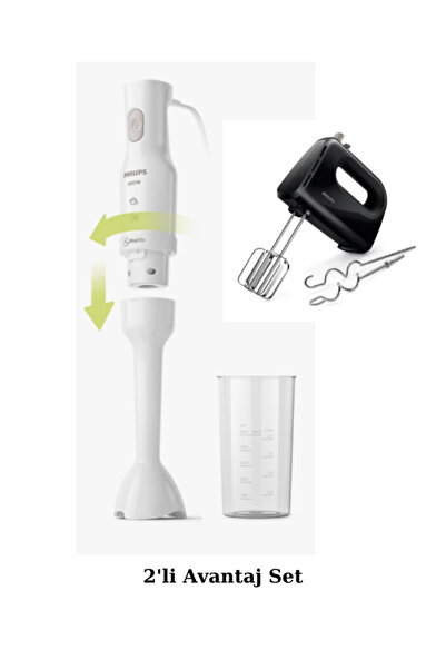 Philips El Blender 400W, Ölçü, Karıştırma Kabı 500ml - El Mikseri 300W Şerit Çırpıcı, Hamur Çengeli, 2li Set