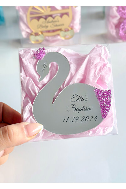 BC Flowers 10 Adet Simli Kuğu Figürlü Pleksi Magnet Yenidoğan hediyelik magne...