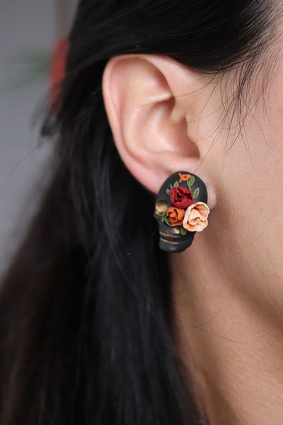 Gizy Store Gothic Skull and Snake Detailed Flower Pattern Polymer Earrings
