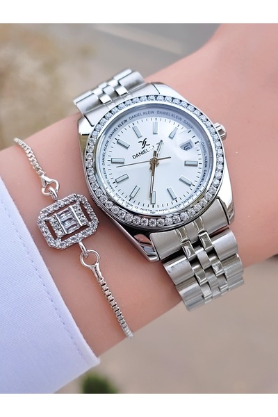 Daniel Klein Cut Glass Women's Wristwatch and Gift Bracelet