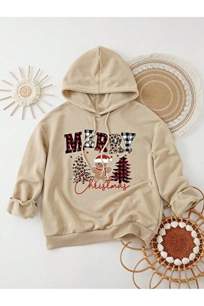 OVER HEAD Μπεζ μπισκότο με στάμπα 3 κλωστών Oversize Hoodie - Καλά Χριστούγεννα Πρωτοχρονιάτικο φούτερ