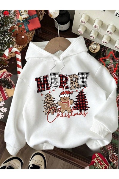 OVER HEAD White Cookie Printed 3 Thread Oversize Hoodie - Merry Christmas γυναικείο φούτερ