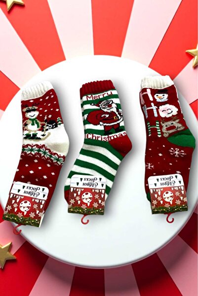 KALBE Unisex Yeni Yıl Yılbaşı Temalı 3 Çift  Havlu Soket Çorap Seti