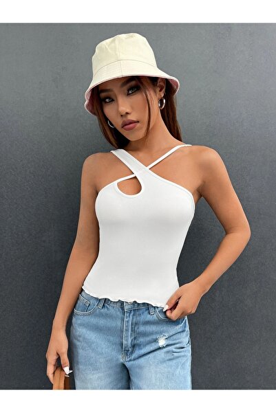 Liona White Asymmetrical Neck Ribbed Crop Top Blouse Plain Patternless