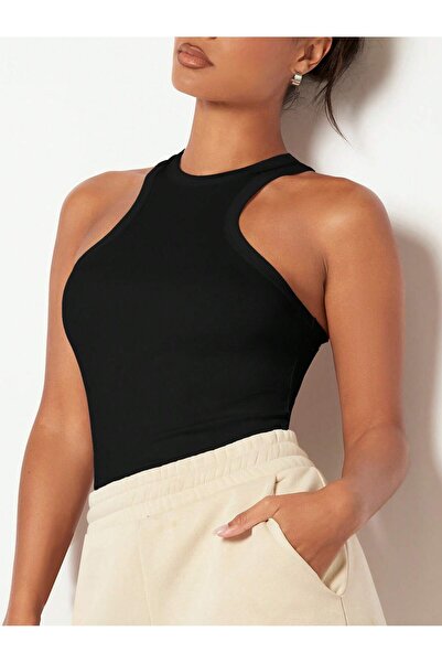 Liona Siyah Renk Halter Yaka Düz Desensiz Likralı Fitilli Kaşkorse Regular Fi...